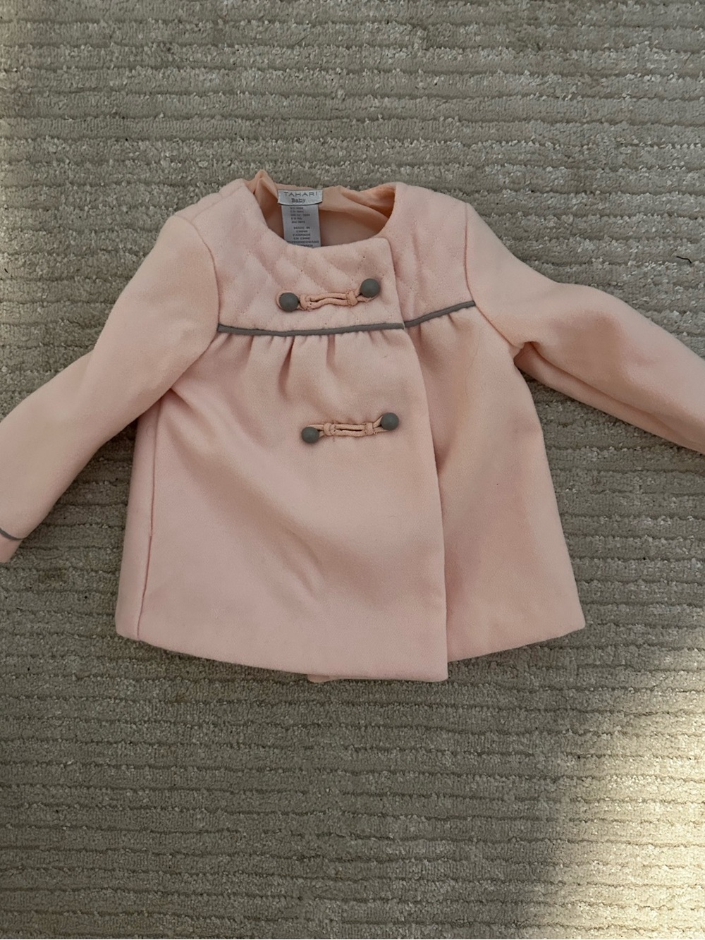 Tahari Baby Soft Pink Coat with Gray Trim Accents